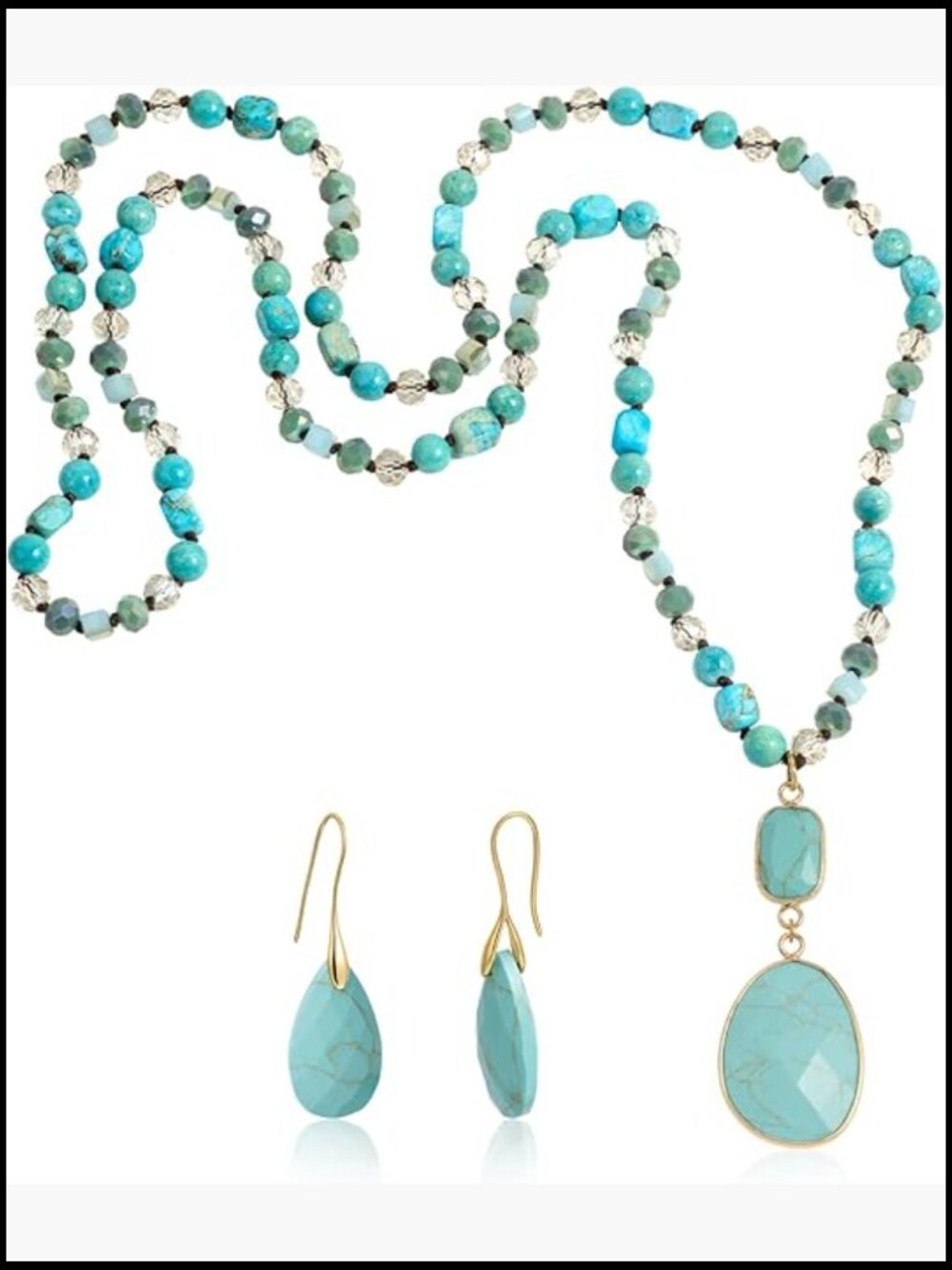 Boho Natural Stone Beaded Long Necklace with Oval Pendant & Trapezoid Earrings